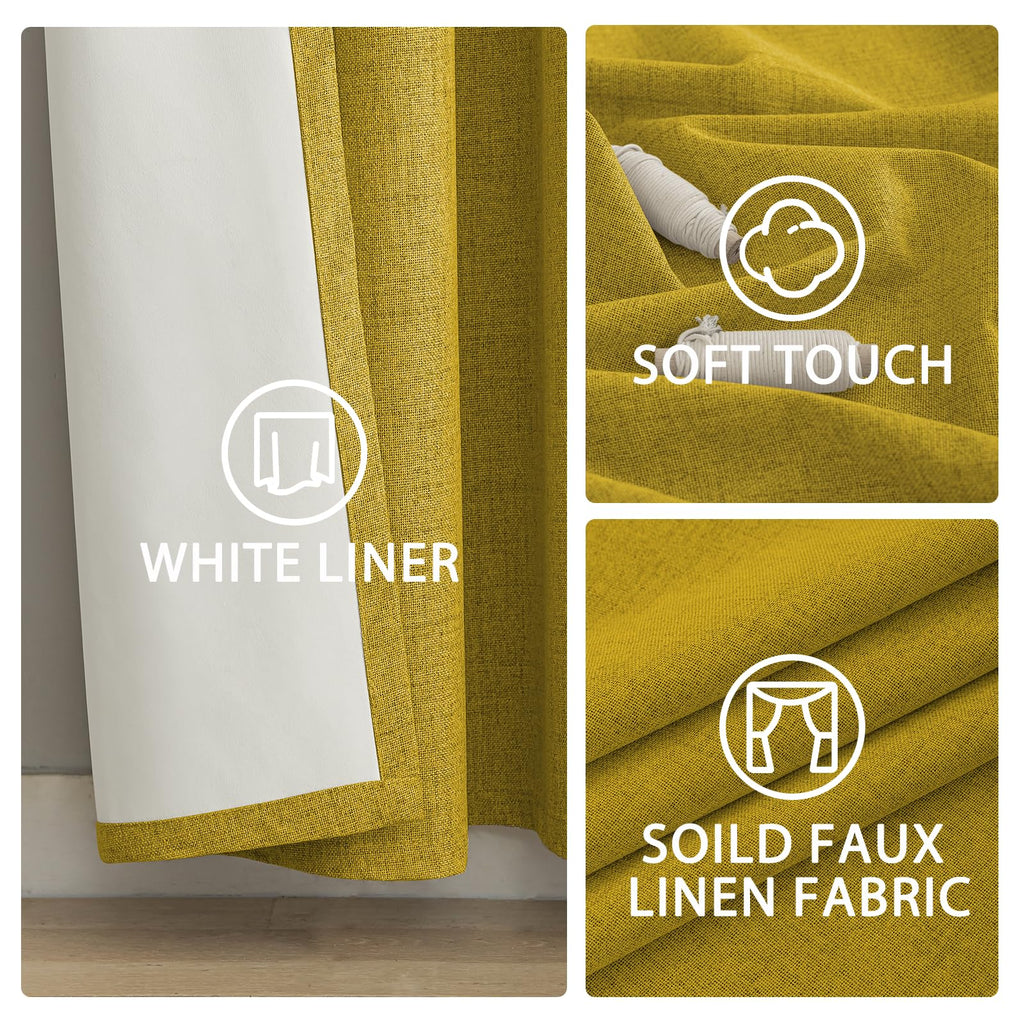 Yakamok Mustard Yellow Linen Textured Curtains 84 Inches Long for Bedroom