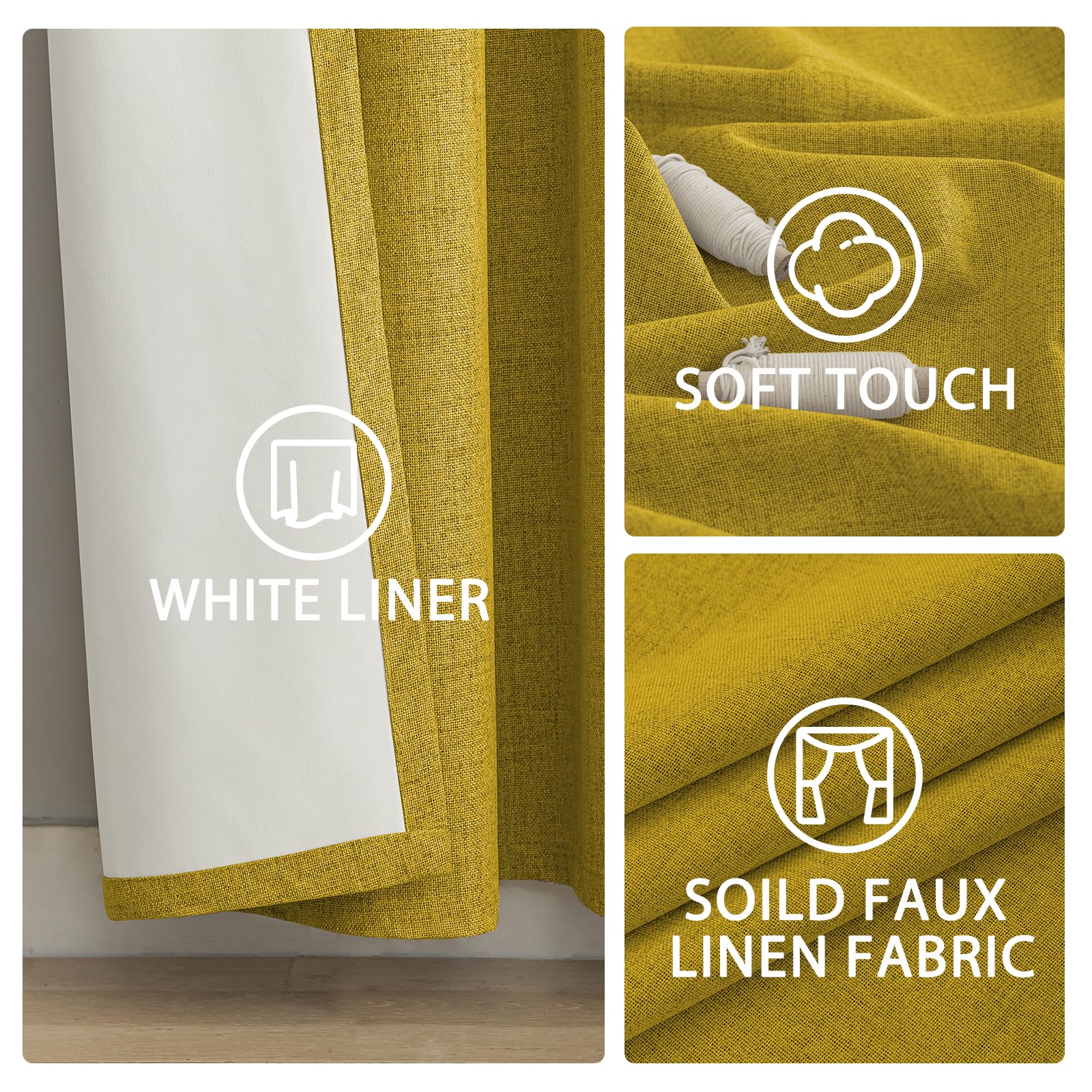 Yakamok Mustard Yellow Linen Textured Curtains 84 Inches Long for Bedroom