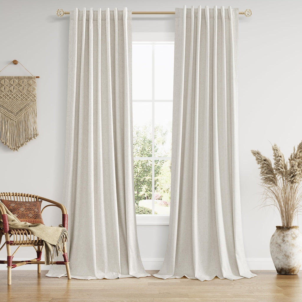 Guken 102 Inches Extra Long Boho 100% Blackout Linen Curtains 2 Panels Set for Living Room Bedroom Back Tab Thermal Insulated Black Out High End Drapes Room Darkening Window Curtain