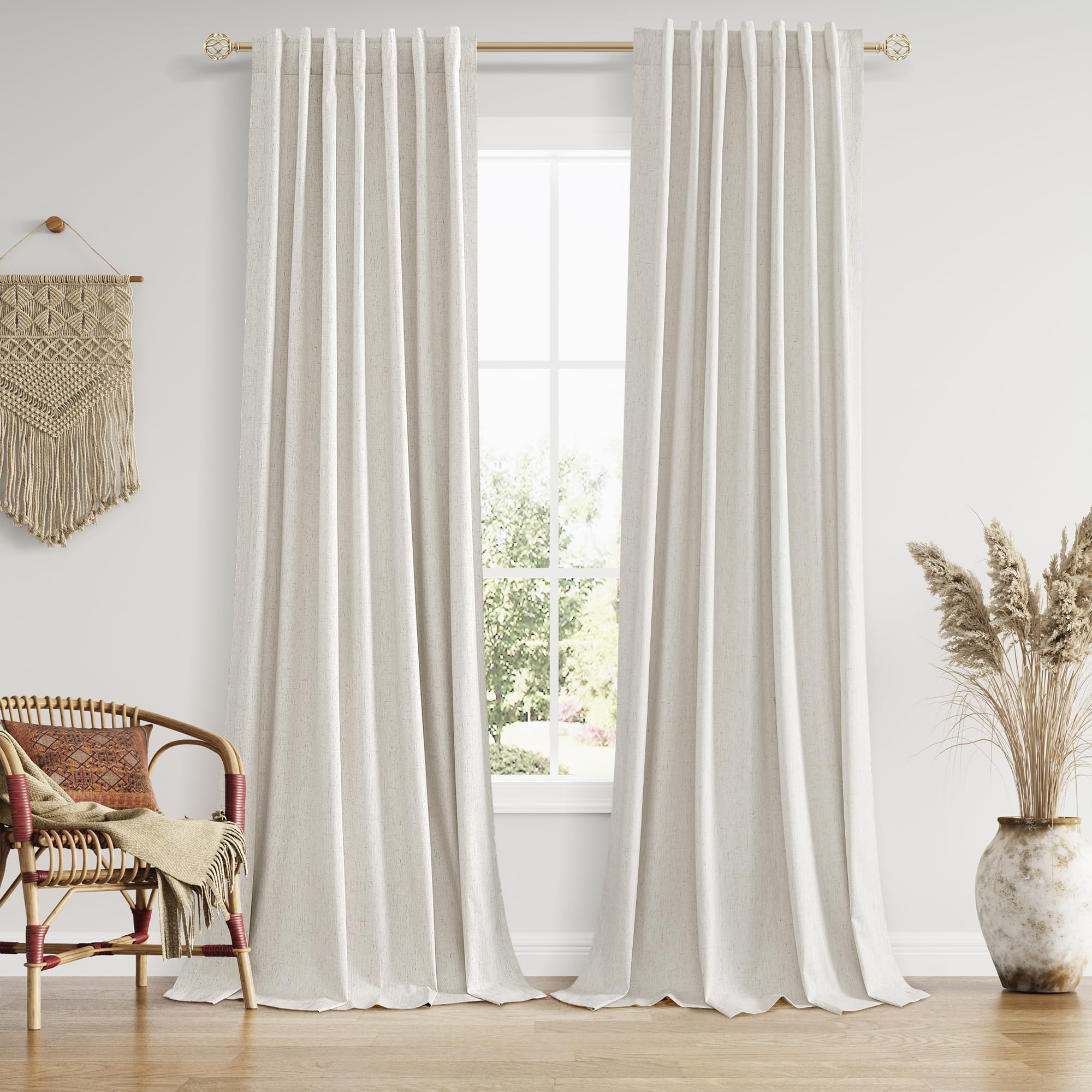 Guken 102 Inches Extra Long Boho 100% Blackout Linen Curtains 2 Panels Set for Living Room Bedroom Back Tab Thermal Insulated Black Out High End Drapes Room Darkening Window Curtain