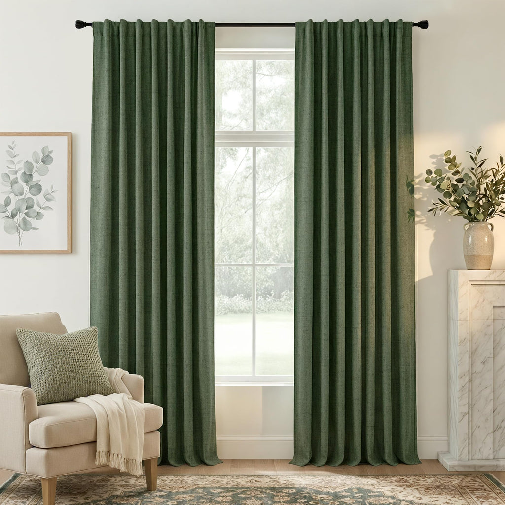 RYB HOME Olive Green 100% Blackout Linen Curtains 90 Inch Long for Office