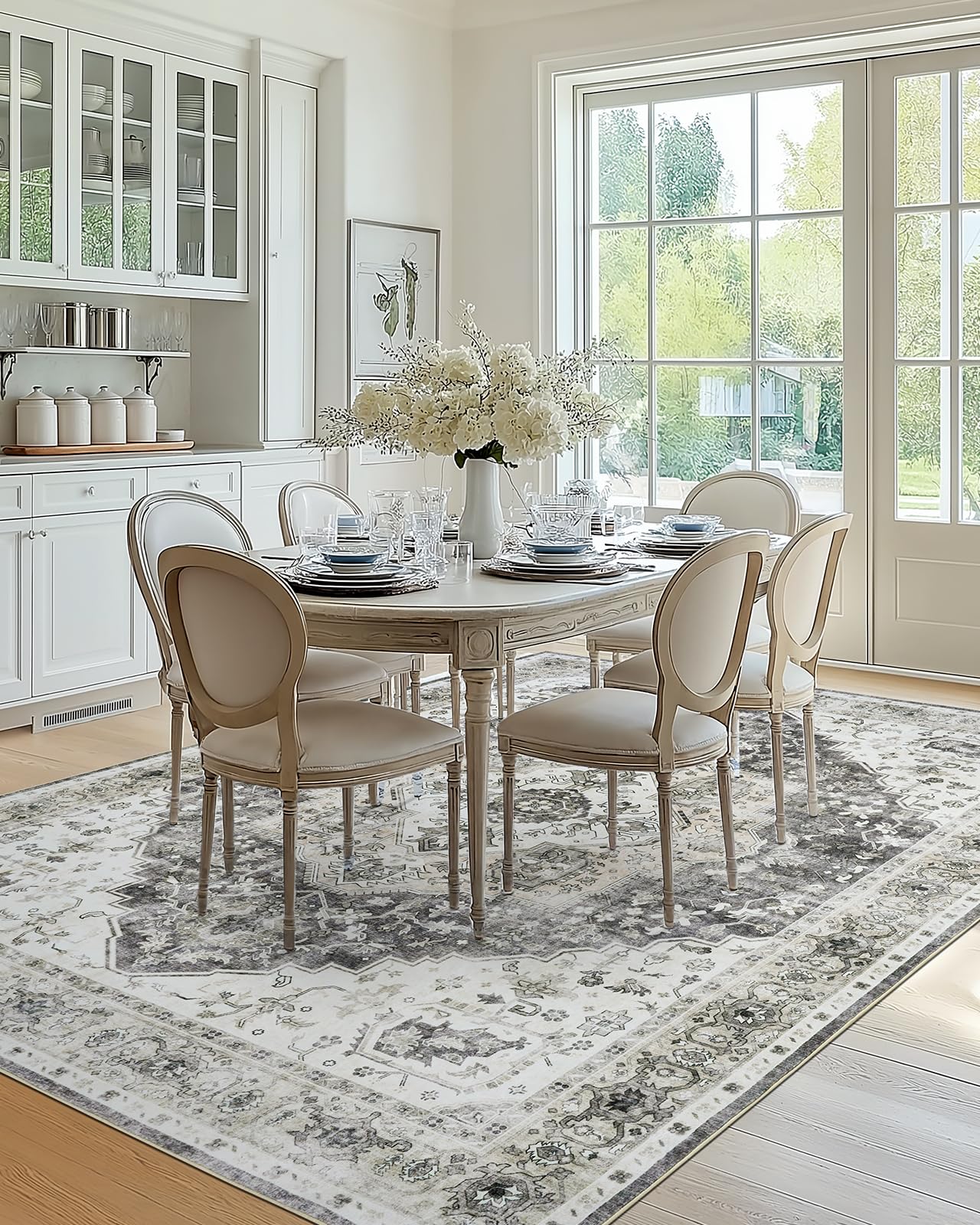 AMADA HOMEFURNISHING 9x12 Area Rug, Washable Low-Profile Large Area Rug with Non-Slip Backing & Durable Edge Binding, Vintage Large Rugs for Living Room, Bedroom