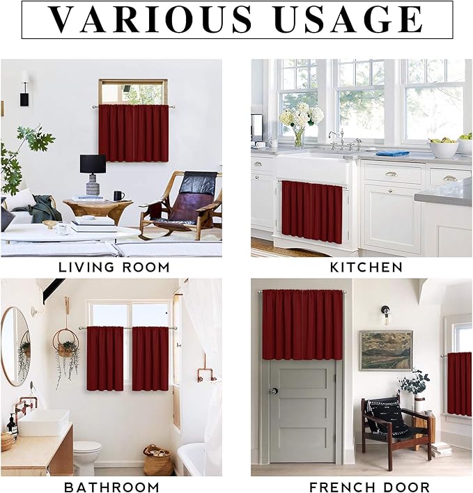 RYB HOME Half Curtain Tiers 36 inch Length, Rod Pocket Summer Heat Blocking Thermal Insulated Short Blackout Curtains for Small Window, Width 34 by Length 36, Burgundy Red, 2 Panels
