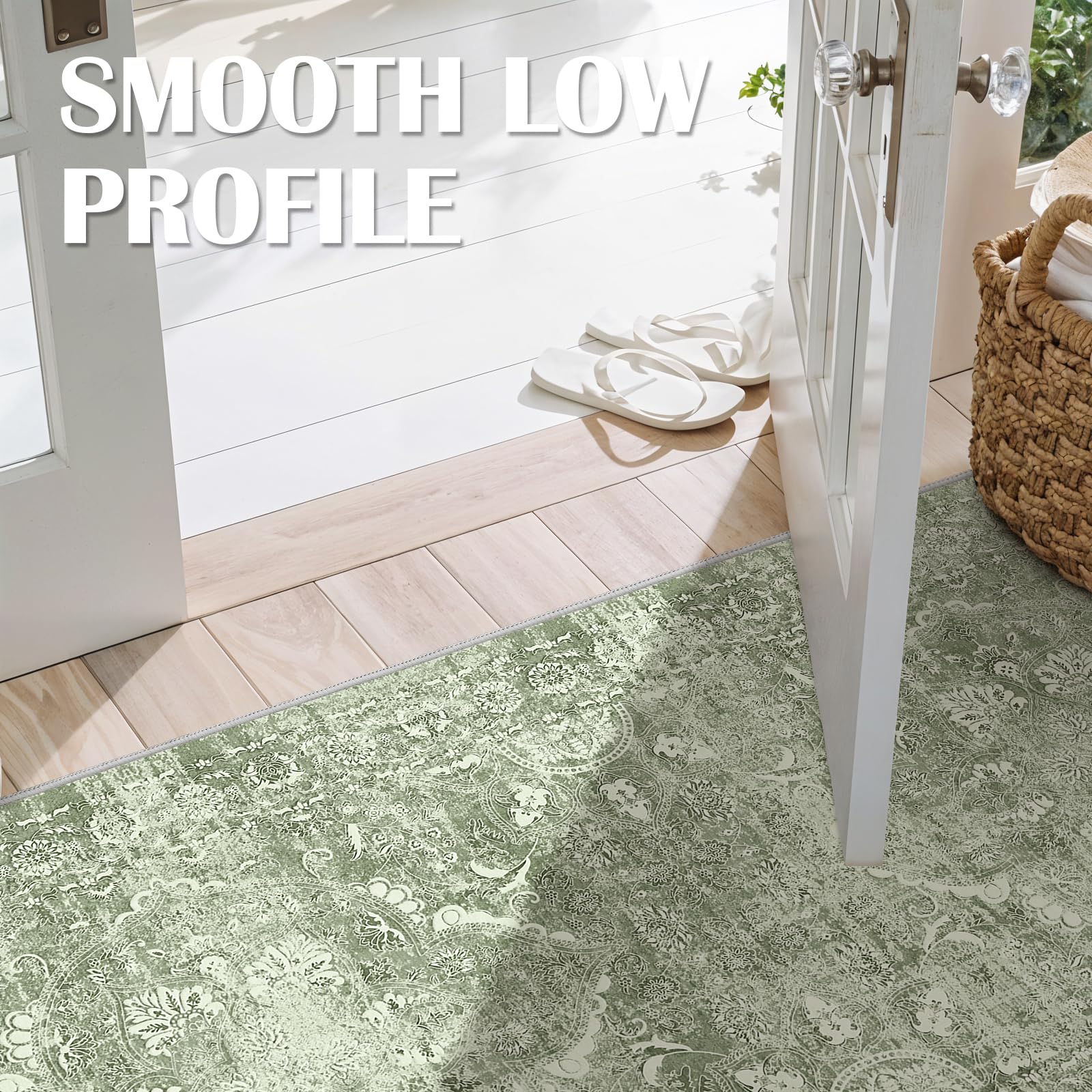2'6"x16 Washable Long Runner Rug: Vintage Non Slip Hallway Rug SageGreen