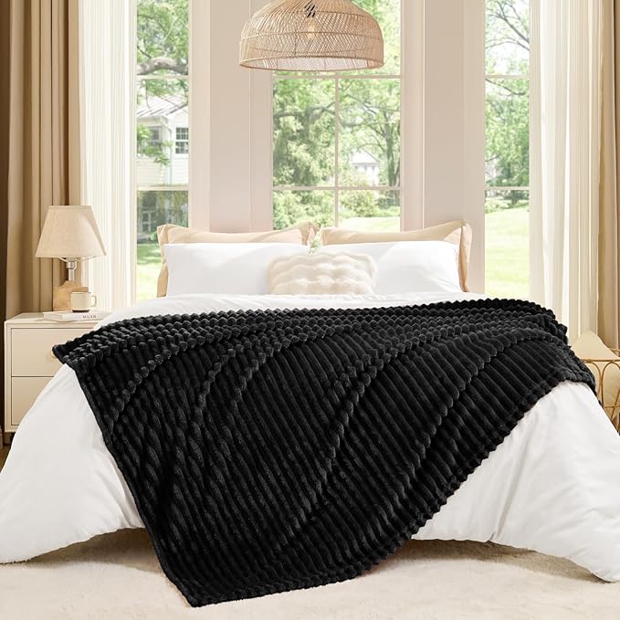 BEDELITE Ribbed Jacquard Black Fleece Throw Blanket for Couch, 50x70 Inch