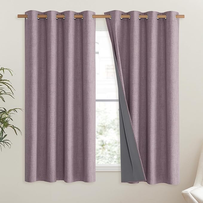 NICETOWN Chaise Mauve Vintage Linen 100% Blackout Curtains for Living Room, Thermal Insulated Curtains 45" Long, Noise Reducing Window Treatment Drapes for Hall Room, 52" Wide Per Panel, Set of 2
