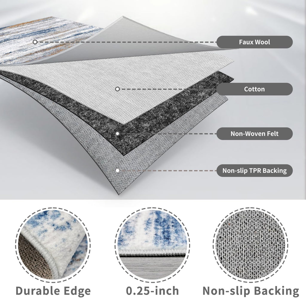 3x8 Washable Runner Rug for Family: Easy-to-Clean Runners for Hallway Entryway Kitchen Bedroom - Stain and Water Resistant Rugs with Non-Slip Backing - Soft Low-Pile Carpet Navy Grey