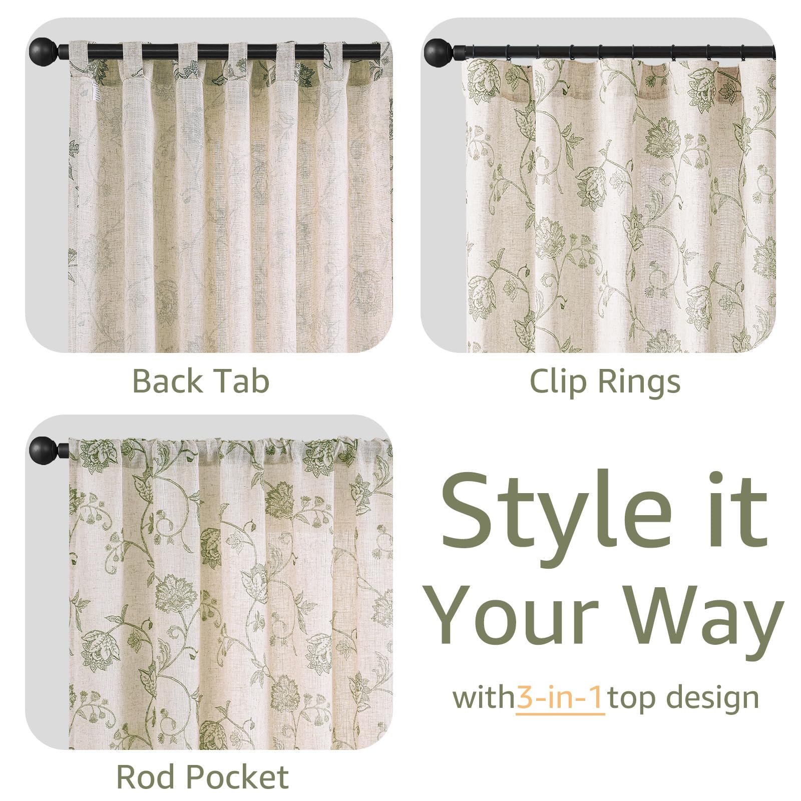 jinchan Linen Curtains Floral Curtain 84 Inch Length for Living Room Bedroom Light Filtering Rod Pocket Back Tab Jacobean Curtains Flax Linen Texture Window Drapes Set 2 Panels Green on Linen