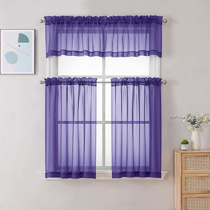 Chyhomenyc Sheer Purple Tier Curtains 24 Inch Length, Small Window Curtains Treatment for Bathroom Living Room Basement, Short Rod Pocket Cafe Curtain, 42W x 24L Inches, 2 Panels
