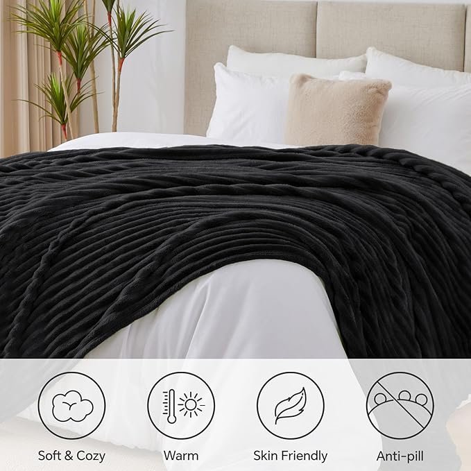 BEDELITE Ribbed King Size Blanket for Bed, Black, 108"x90"