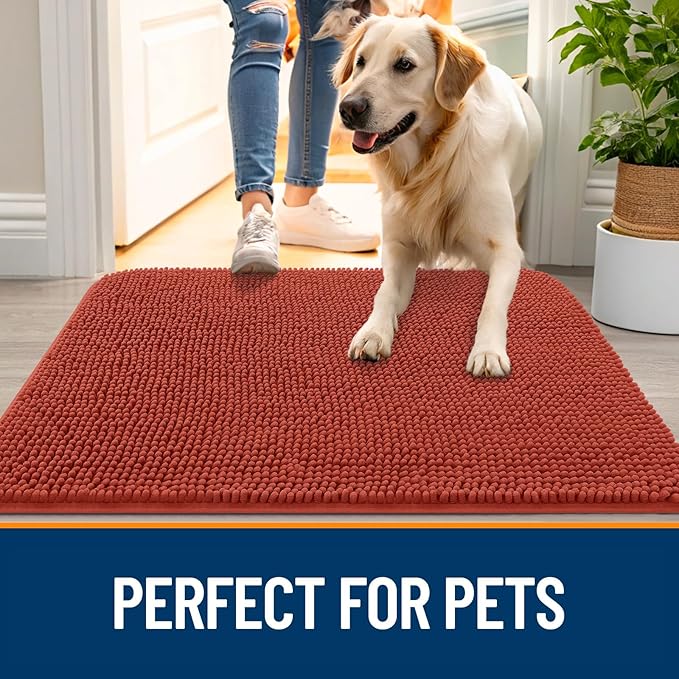 OLANLY Dog Door Mat for Muddy Paws 59x32, Absorbs Moisture and Dirt, Absorbent Non-Slip Washable Doormat, Quick Dry Chenille Mud Mat for Dogs, Entry Indoor Entryway Carpet for Inside Floor, Maple Red