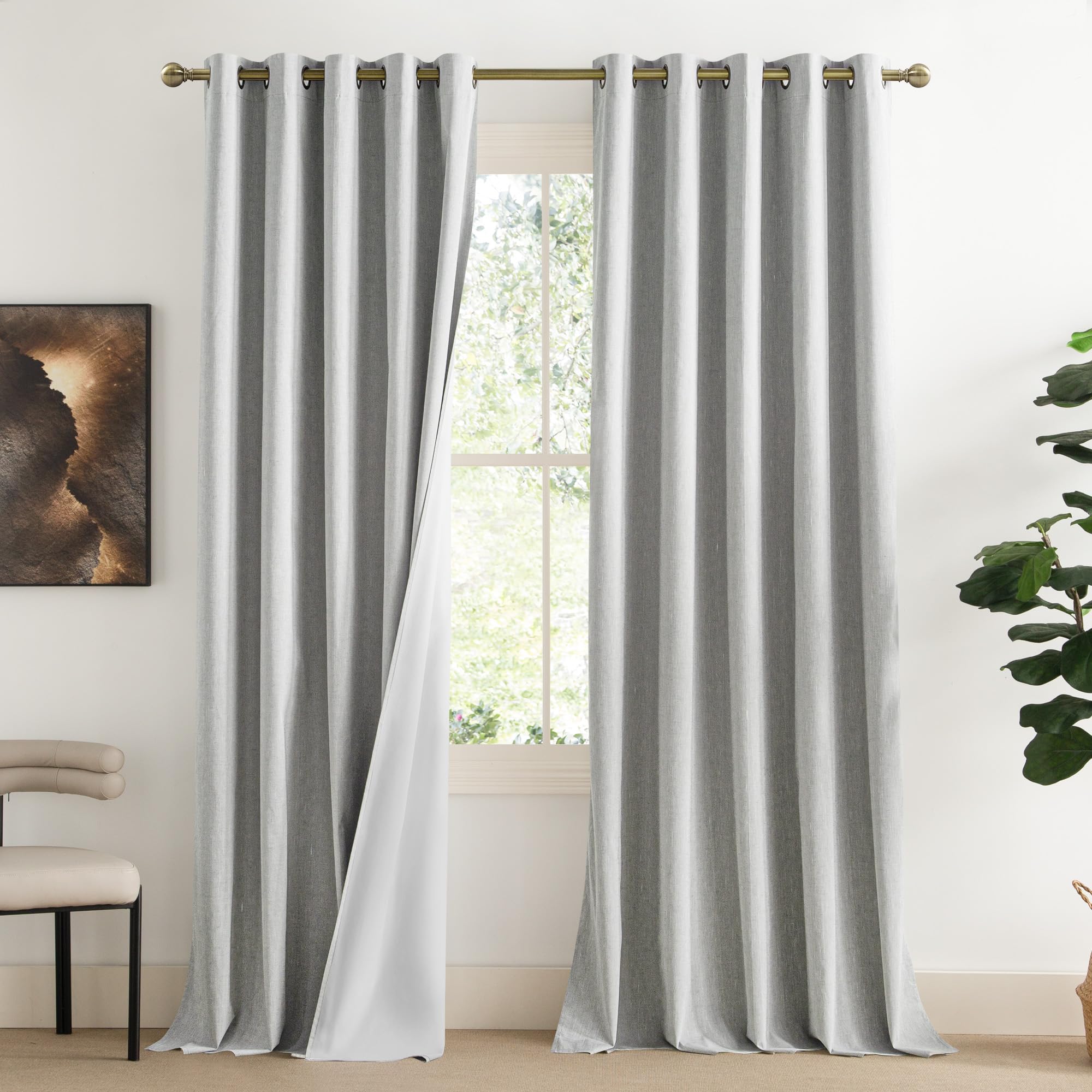 NICETOWN Grey Long Linen Full Shade Panels, 62" Wide x 95" Long, Pair of Thermal Insulated & Energy Efficiency Blackout Curtains for Living Room Windows, Lined Silky Performance Window Dressing