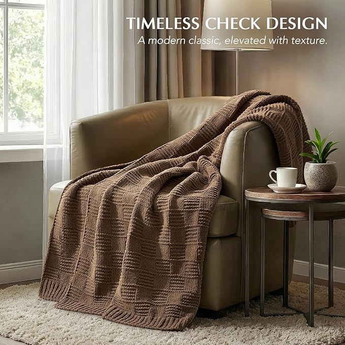 EVERGRACEHOME Modern Checkered Chenille Throw Blanket, Soft Cozy Plaid Knitted Blanket for Sofa & Couch, Decorative Knit Throw for Bed and Living Room, Camel Brown, 60" x 80"