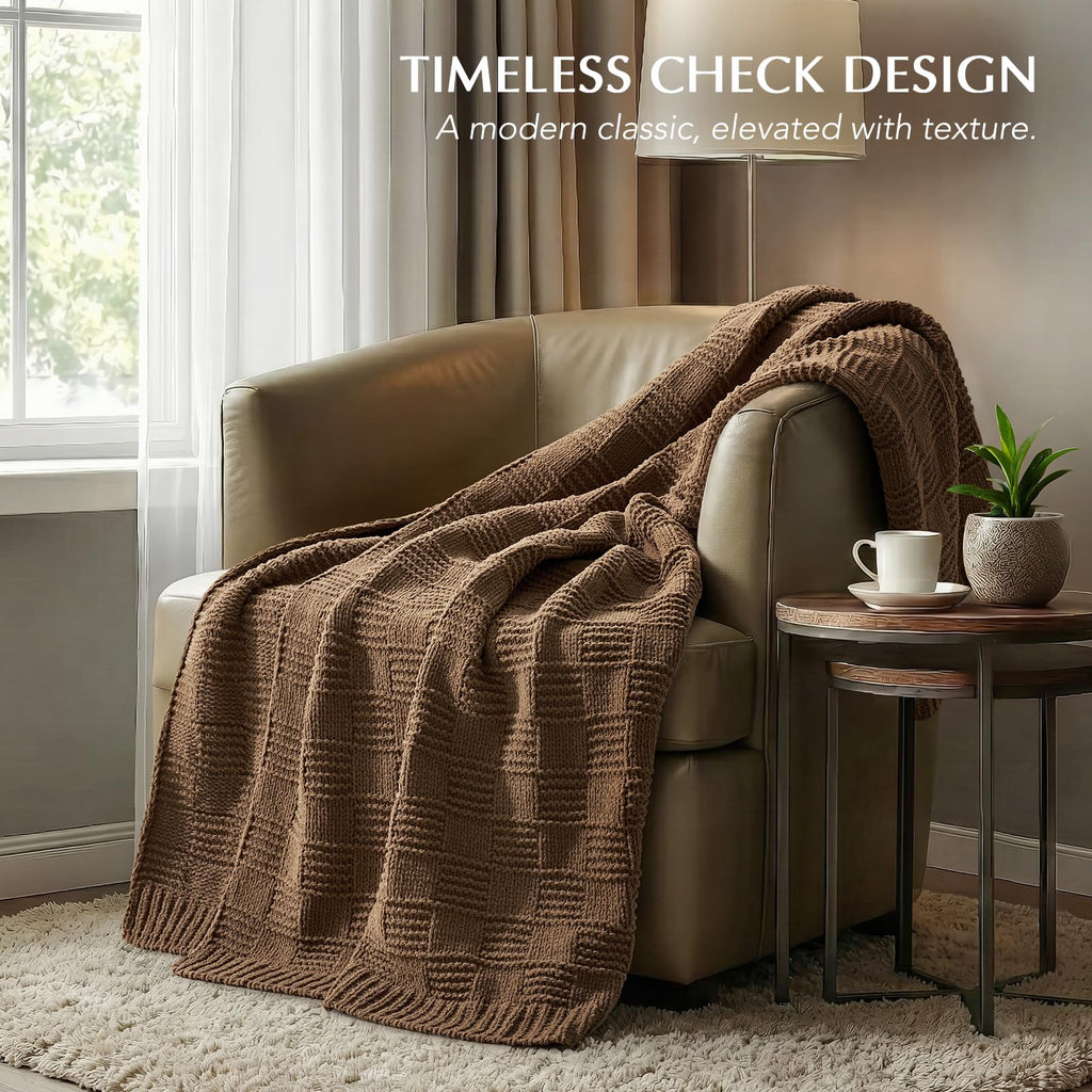 EVERGRACEHOME Modern Checkered Chenille Throw Blanket, 50x60, Camel Brown