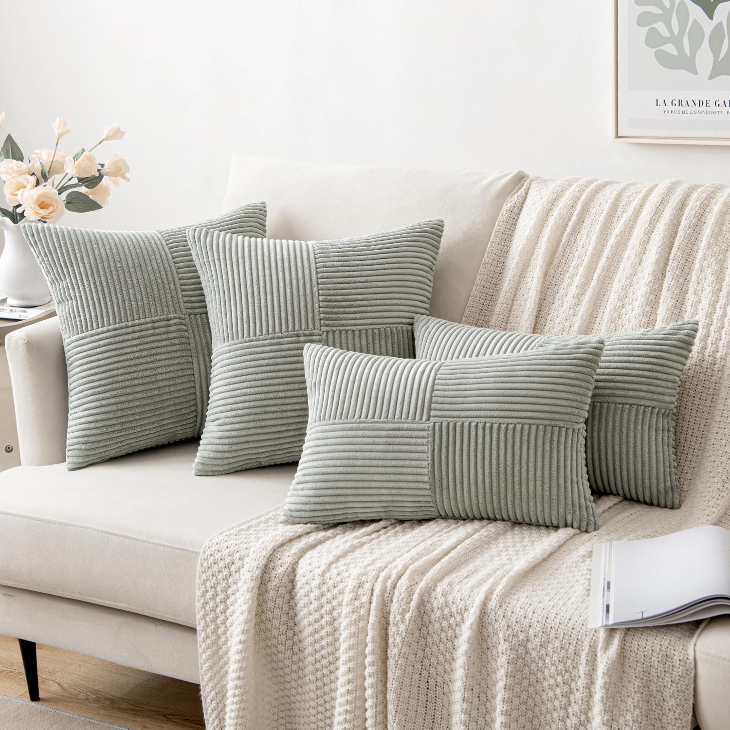 MIULEE Silver Grey Decorative Lumbar Throw Pillow Covers 12x20 Inch for Couch Bed Sofa Pack of 2 Boho Farmhouse Throw Pillows Soft Cross Corduroy Patchwork Textured Cushion Cases