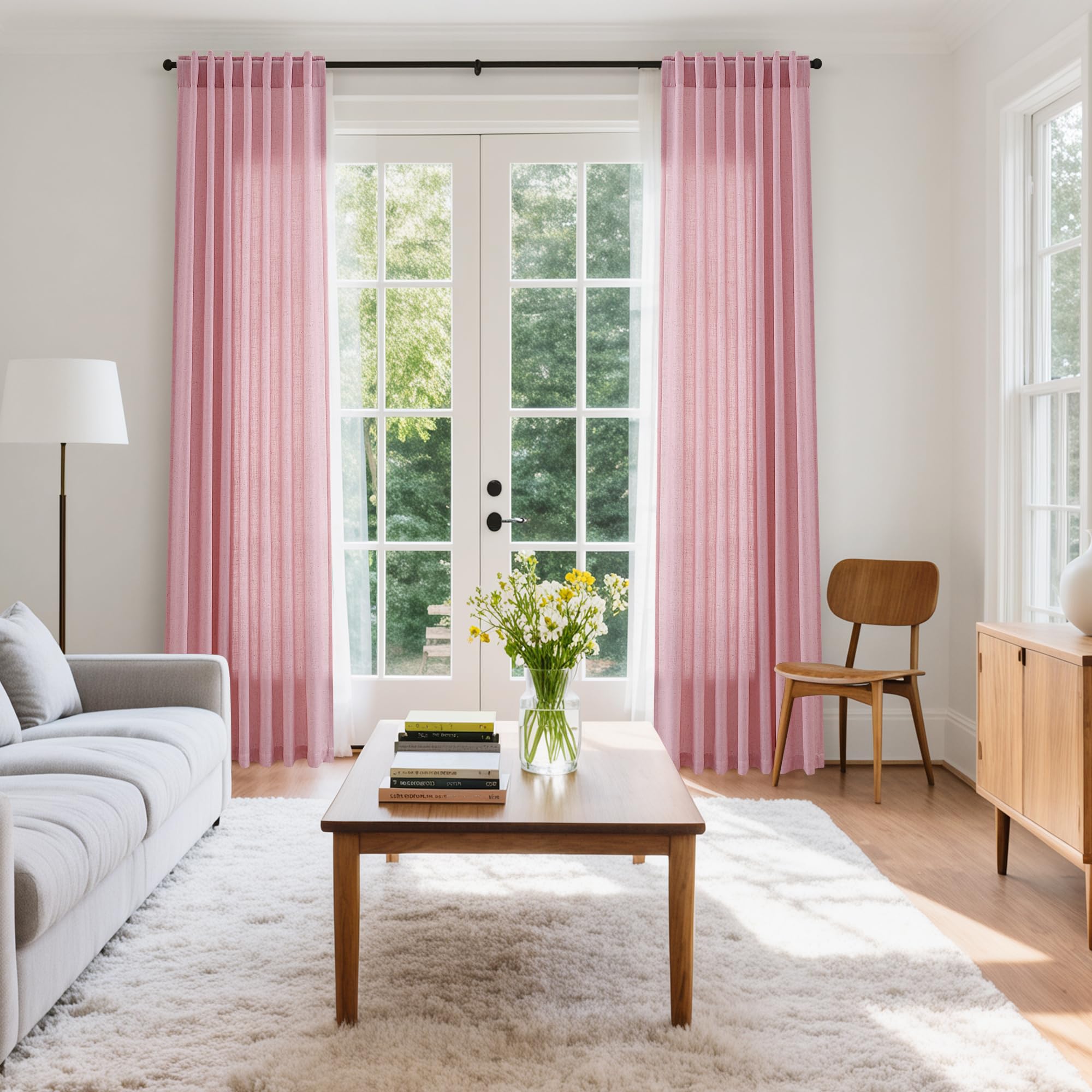 Nanspring Rose Linen Curtains 90 Inch Long 2 Panels Set Back Tab Rod Pocket Semi Sheer Light Filtering Boho Style Neutral Farmhouse Lightweight for Bedroom and Living Room 52x90