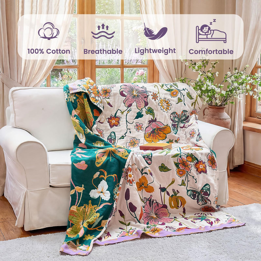 MSGKV Boho Throw Blanket 90"x108" 100% Cotton Floral Blanket for Bed