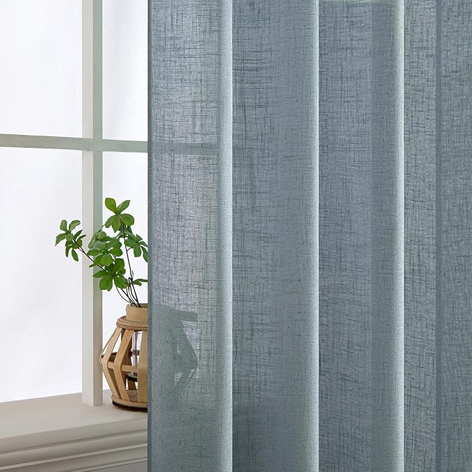 MIULEE Dusty Blue Linen Curtains 108 Inches Long 2 Panels for Bedroom Living Room, Soft Thick Linen Textured Window Drapes Semi Sheer Light Filtering Back Tab Rod Pocket Light Blue Decor