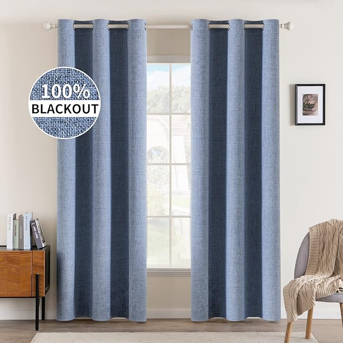MIULEE 100% Blackout Linen Curtains for Bedroom 42x84 Inches Stone Blue