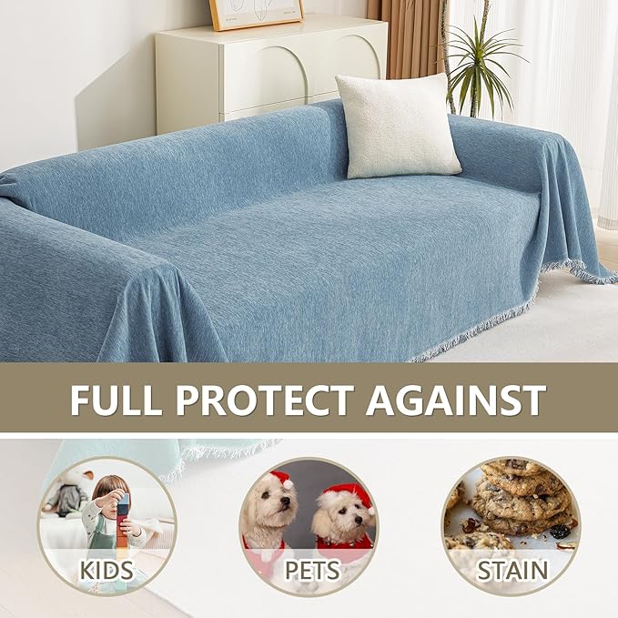MYSKY HOME Couch Cover Sofa Covers, Sectional Couch Covers for 2 Cushion Couch Sofa, Chenille Sofa Slipcovers, Futon Covers, Machine Washable, Soft Furniture Protector for Kid, 91" x 118", Blue