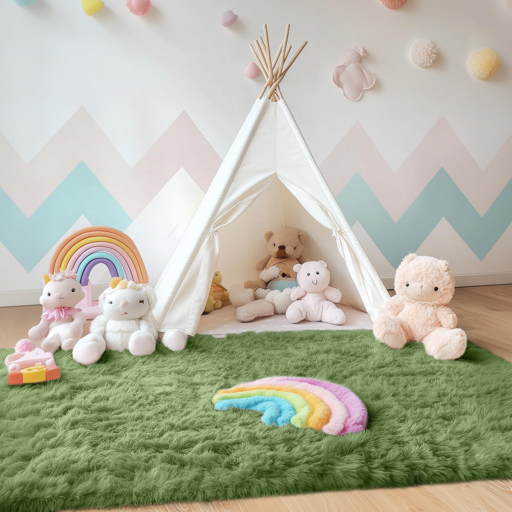 OLANLY Area Rugs for Living Room Bedroom, Machine Washable 4x5.9 ft Soft Fluffy Shaggy Bedside Rug, Indoor Floor Carpet for Kids Girls and Boys, Dorms, Nursery Rooms, Home Decor Aesthetic, Green