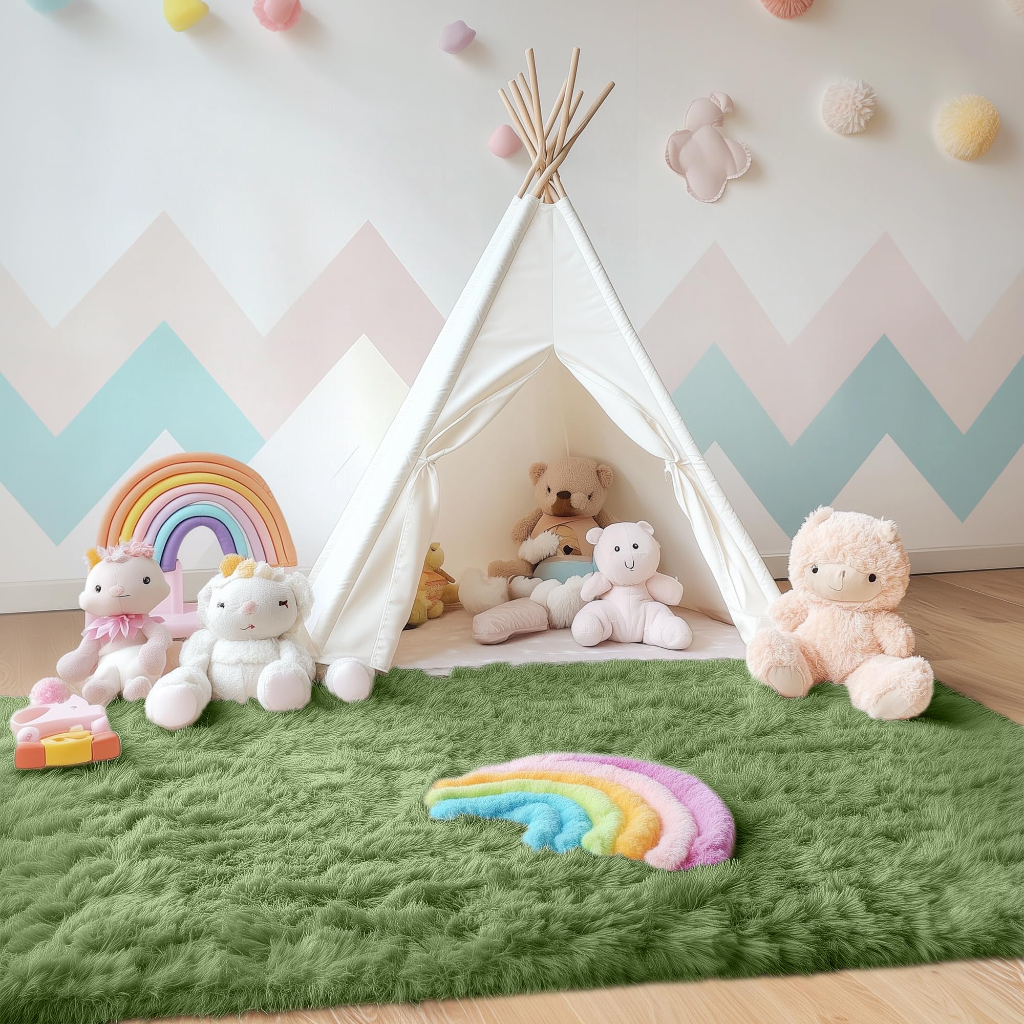 OLANLY Area Rugs for Living Room Bedroom, Machine Washable 4x5.9 ft Soft Fluffy Shaggy Bedside Rug, Indoor Floor Carpet for Kids Girls and Boys, Dorms, Nursery Rooms, Home Decor Aesthetic, Green