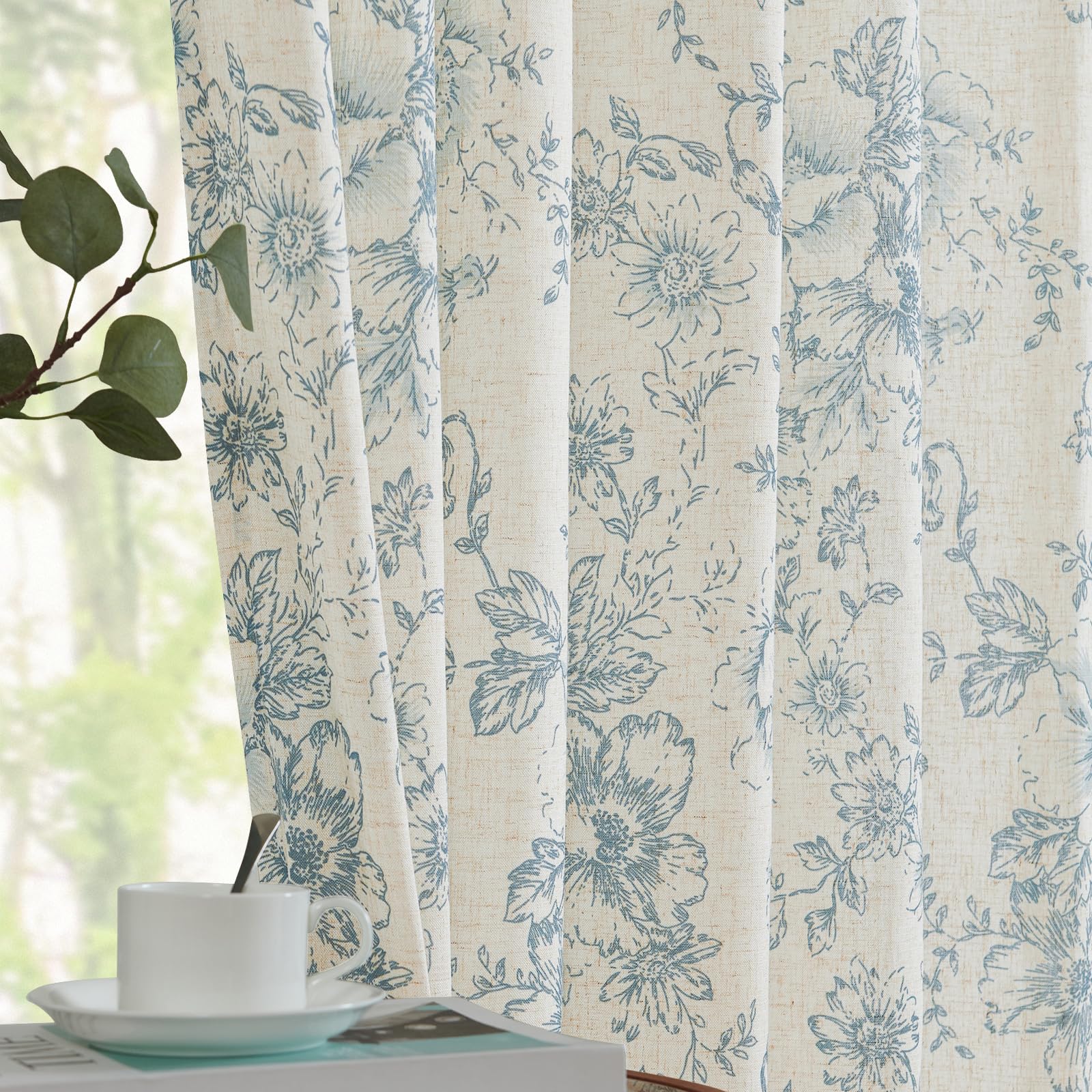 jinchan Vintage Floral Linen Curtains 84 Long for Living Room 2 Panels