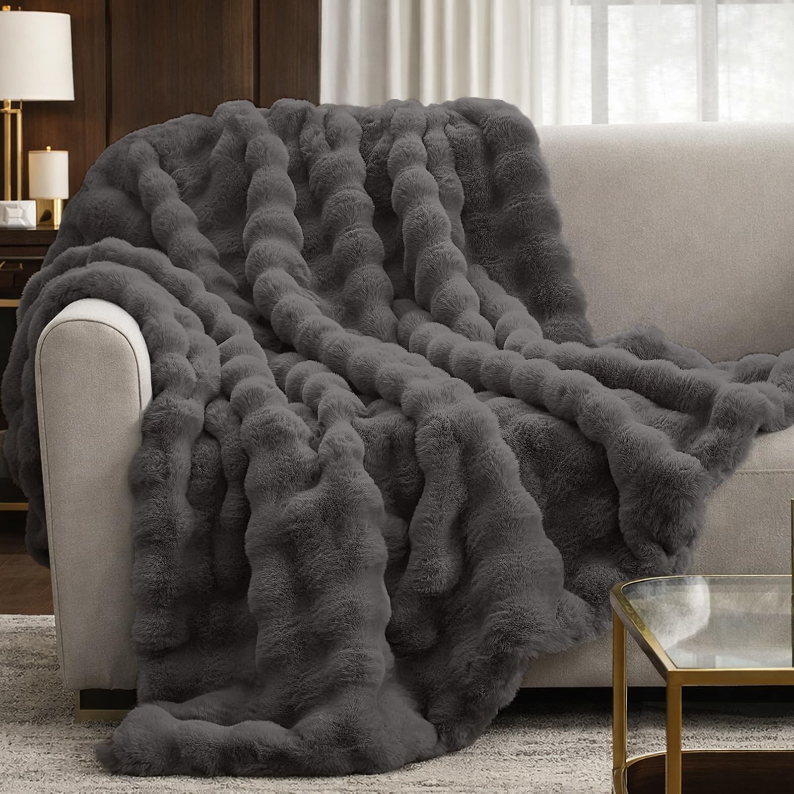 Cozy Bliss Faux Fur Bubble Throw for Couch, Fuzzy Soft Plush Thick Blanket for Sofa Bed Gift, 50x60 Inches Charcoal Grey