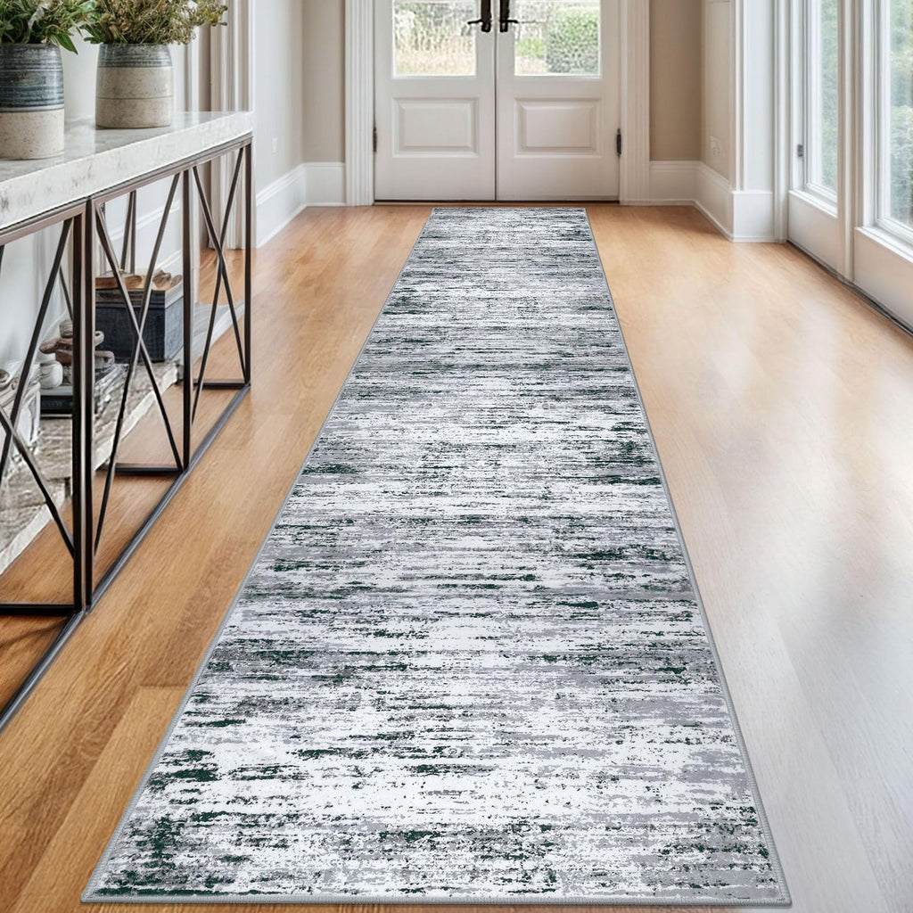 Lansny Modern Abstract Runner Rug 2.6x12, Black Grey White Washable Long Kitchen Runner Non-Slip Soft Hallway Rug Runner Thin Print Faux Wool Carpet for Entryway Bedroom Laundry Room Indoor Home Decor