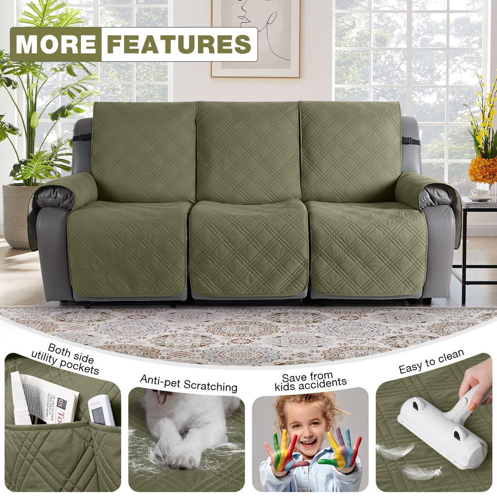 TAOCOCO 100% Waterproof Recliner Sofa Cover, Non Slip Split Couch Covers for Reclining Couches with Straps, Washable Reclining Sofa Cover Furniture Protector for Kids Pets(3 Seater, Green)
