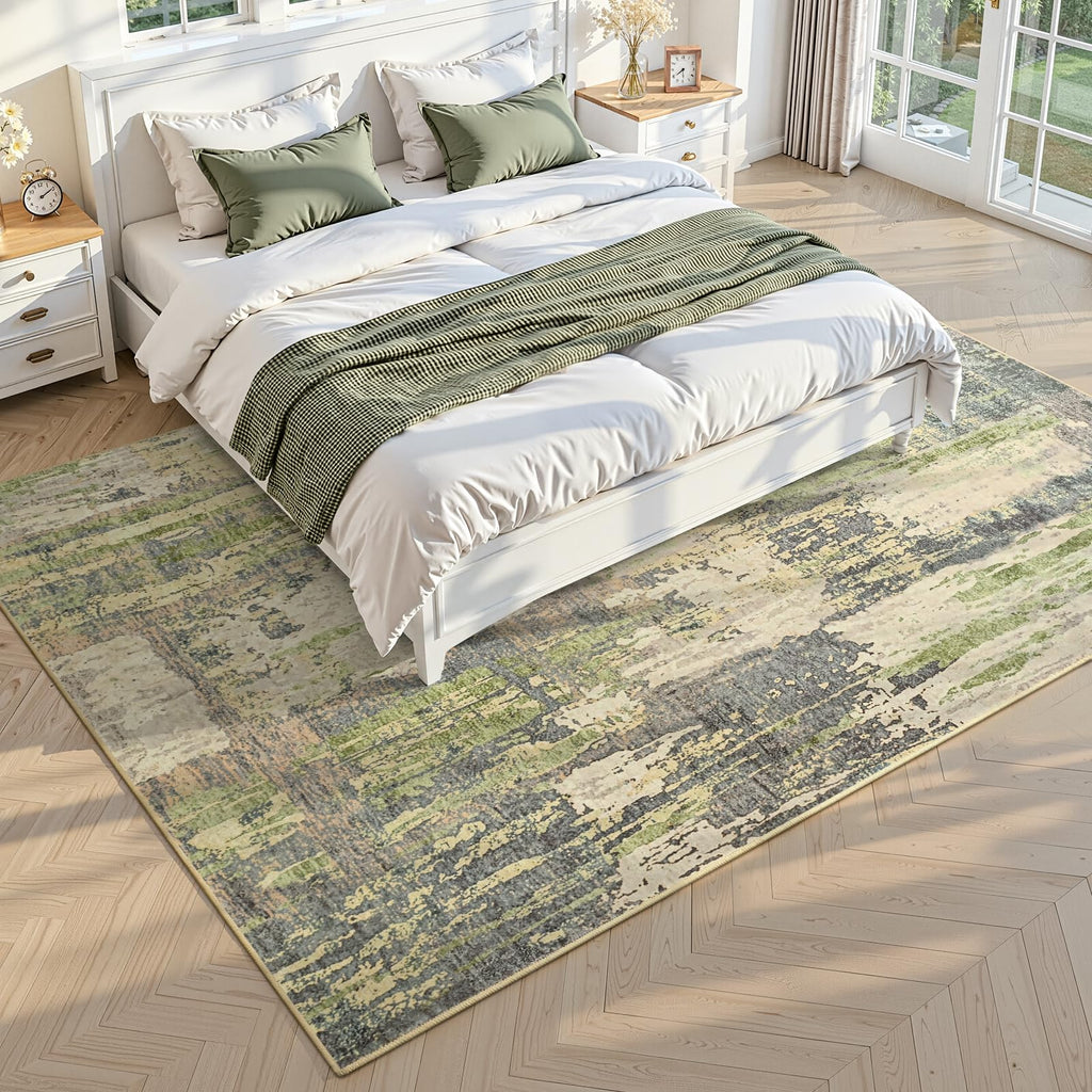 Toneed Abstract Area Rug Modern Washable Rug Soft Non Slip Rug Low Pile for Bedroom Living Room Dining Room Green 5x7 Feet