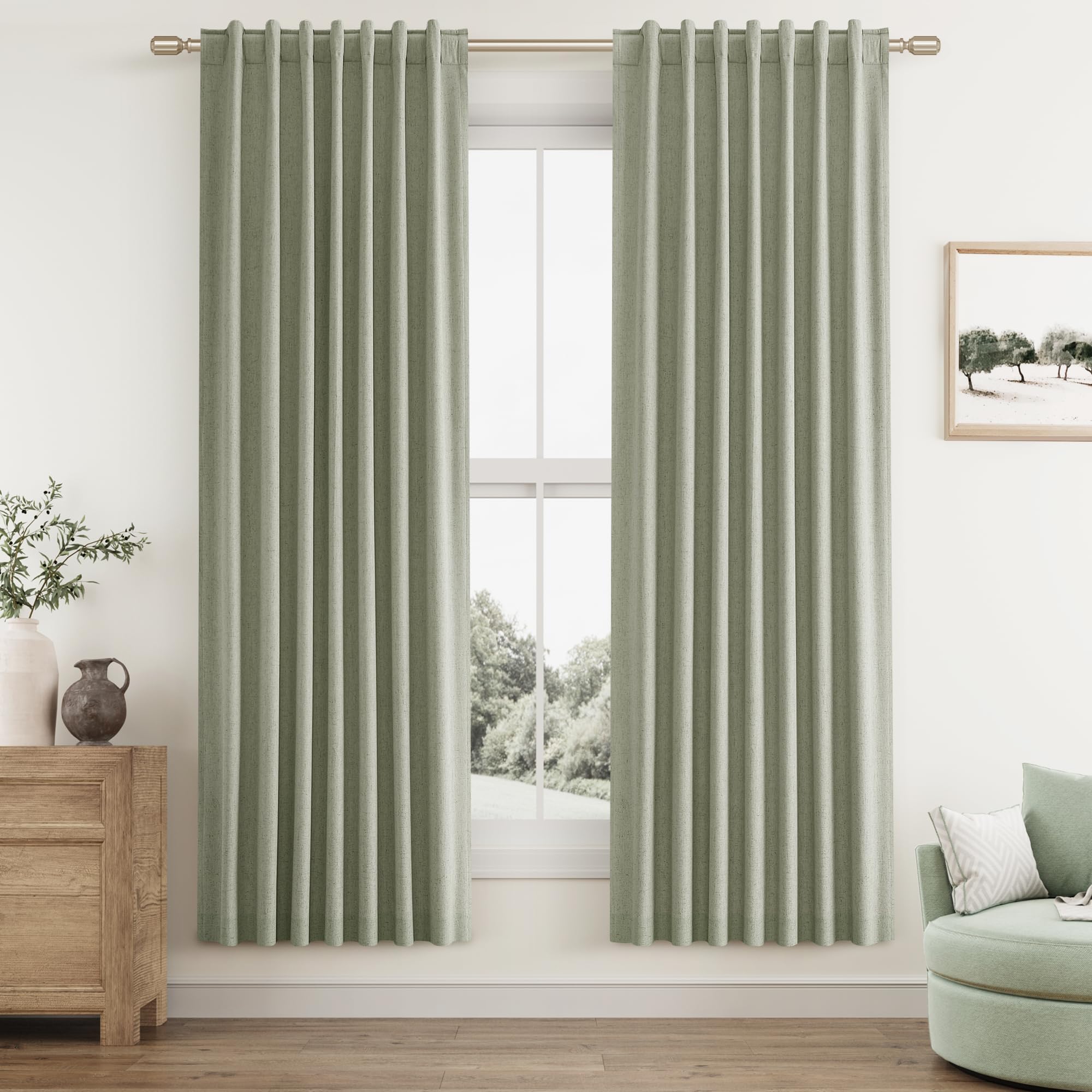 Sage Green 100% Blackout Linen Curtains 72 Inch Length 2 Panels Set for Living Room Bedroom Back Tab Thermal Insulated Black Out Drapes Room Darkening Farmhouse Window Curtains 72 Inches Long