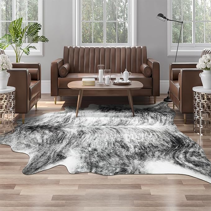 AROGAN Western Decor Faux Fur Cowhide Rug, 6 x 7 Feet Premium Animal Skin Cow Hide Rug, Sturdy Cow Print Rugs for Wall Decor, Western Floor Carpet for Bedroom Living Room, Black and Grey