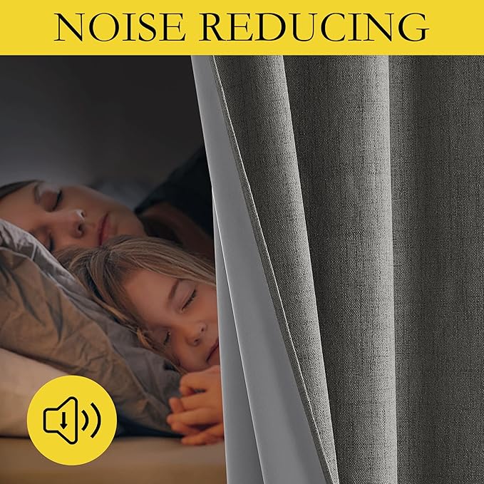 NICETOWN Grizzle Gray Vintage Linen 100% Blackout Curtains for Living Room, Thermal Insulated Curtains 120“ Long, Noise Reducing Window Treatment Drapes for Home Office, 62" Wide Per Panel, Set of 2