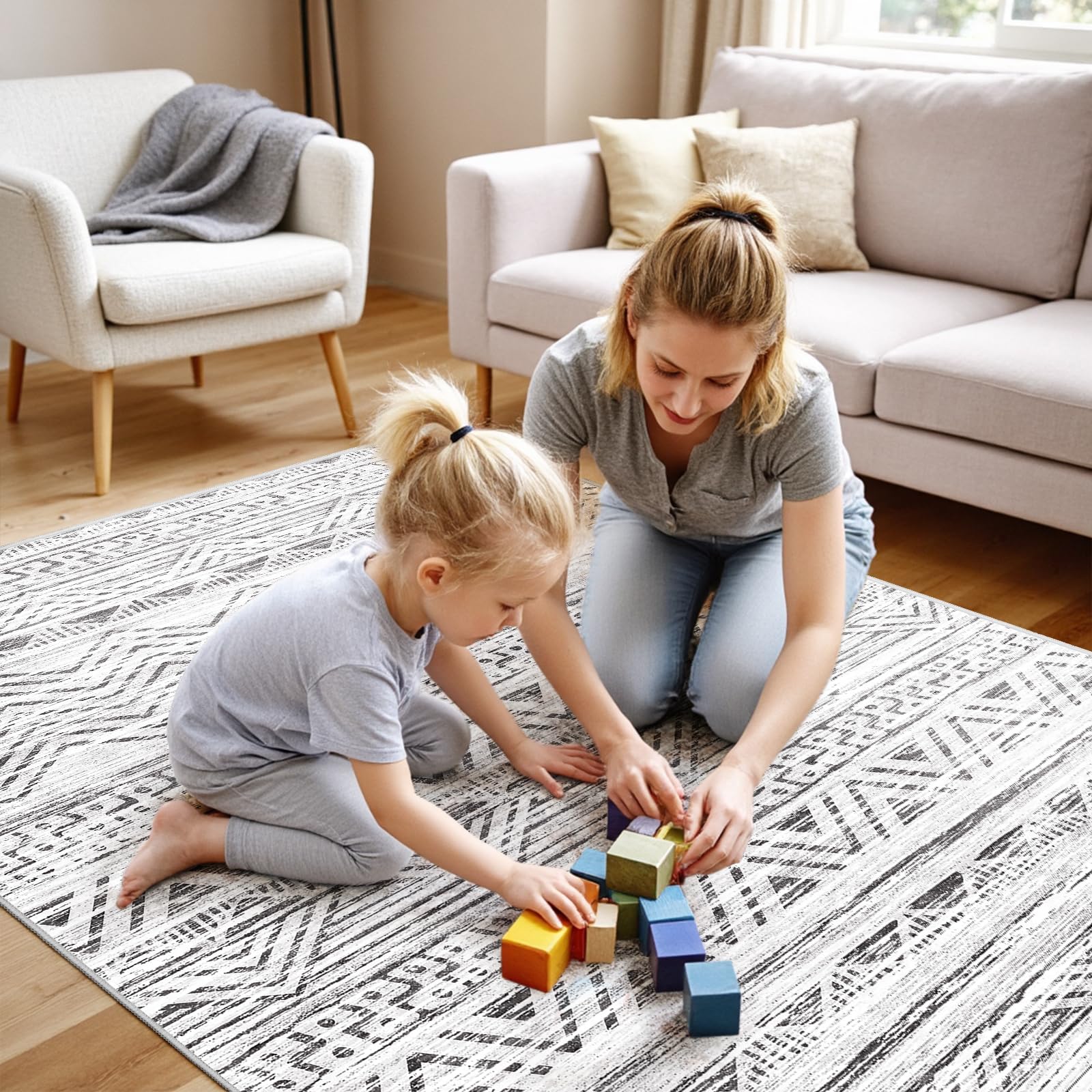 4x5 Area Rug Washable Moroccan: Non Slip Entryway Floor Mat Grey