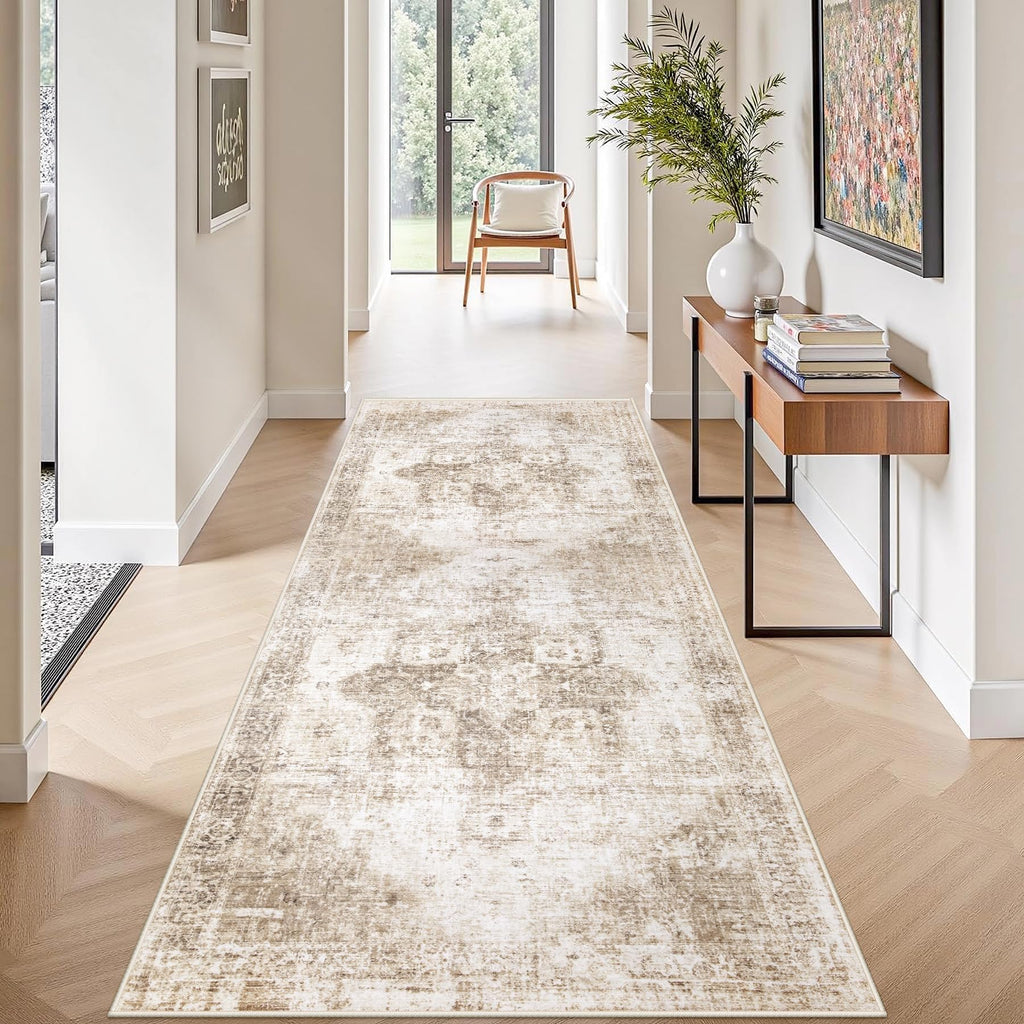 VECARF Runner Rug 2x6 Washable Rug, Vintage Boho Medallion Hallway Runner Non-Slip Soft Low Pile Distressed Floor Carpet Retro Doormat for Kitchen Bedroom Laundry Entryway Bathroom (Brown, 2'x6')