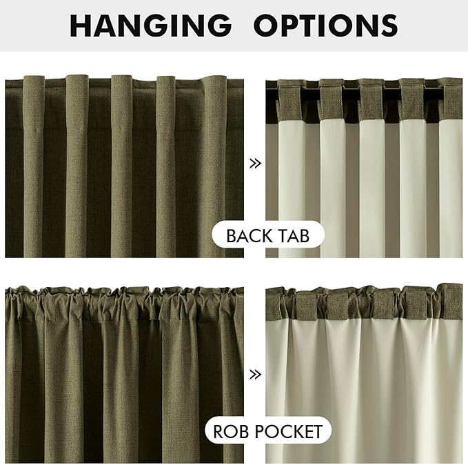 MIULEE 100% Blackout Linen Curtains for Bedroom, Light Olive Green Solid Luxury Decor Thermal Insulation Room Darkening Drapes for Living Room Nursery Back Tab Rod Pocket 42 x 72 Inches, 2 Panels