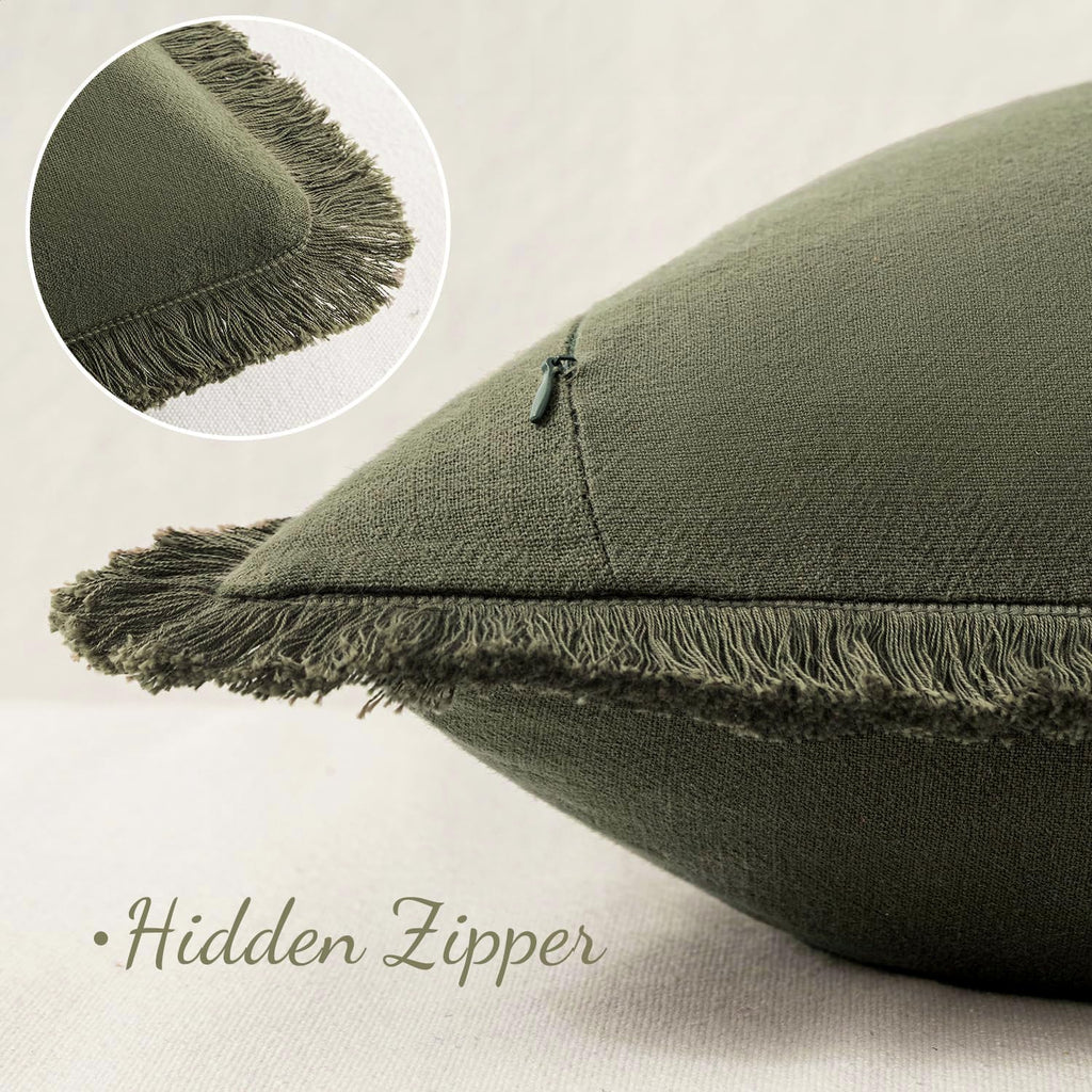 MIULEE Boho Linen Fringe Decorative Throw Pillow Covers Olive Green 20x20