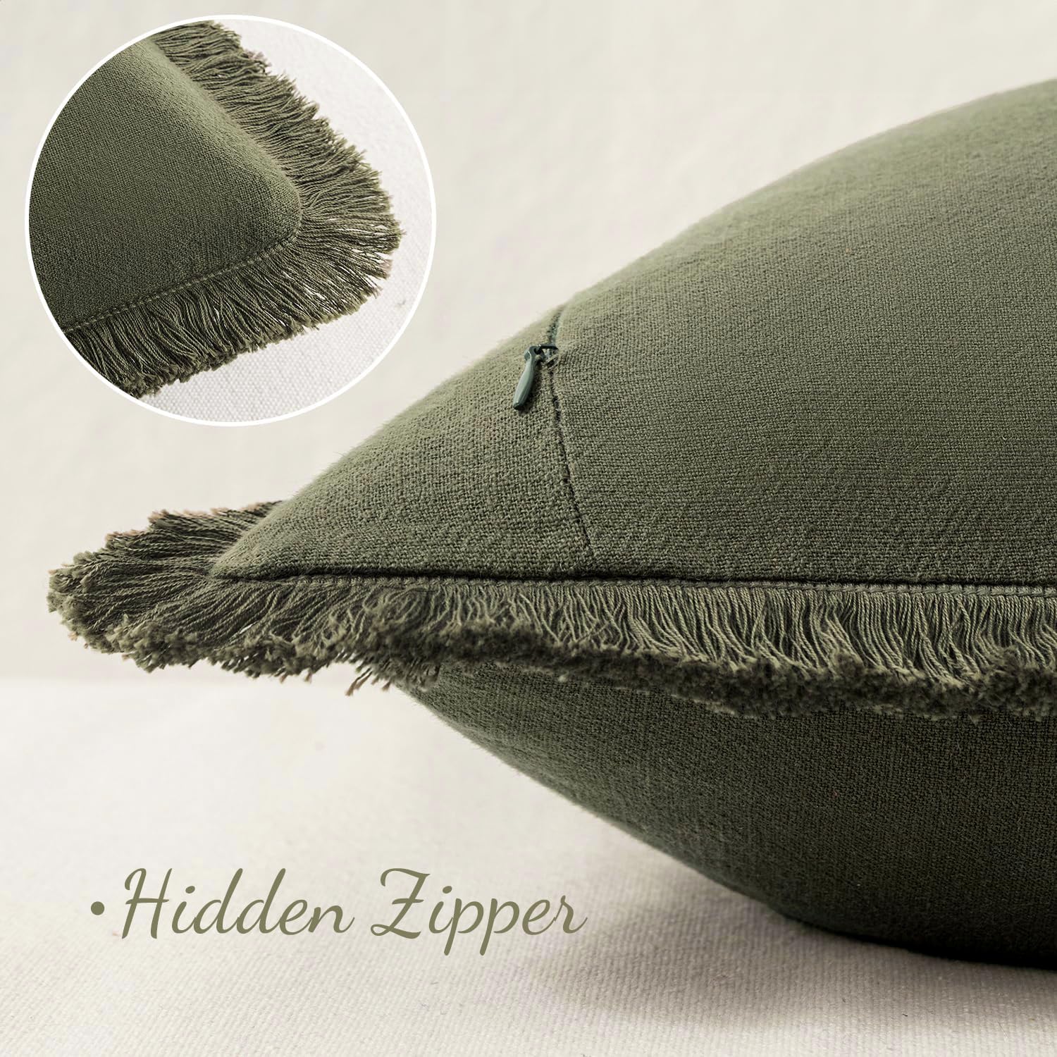 MIULEE Boho Linen Fringe Decorative Throw Pillow Covers Olive Green 20x20
