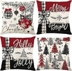 ONFAON Christmas Decorations - Merry Christmas Trees Red Throw Pillow Covers 18x18 Set of 4,Winter Holiday Decor Throw Cushion Case for Home Couch