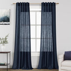 Navy Blue Linen Blend Drapes 84 Inch Length 2 Panels Set Back Tab Rod Pocket Light Filtering Semi Sheer Textured Indigo Blue Curtains Boho Farmhouse Decor Curtains for Living Room Bedroom 40x84