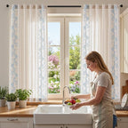 jinchan Evelyn Embroidered Linen Curtains 63 inch Floral Curtains for Living Room Bedroom Farmhouse Cottagecore Semi Sheer Light Filtering Window Drapes Rod Pocket Back Tab 2 Panels W50 x L63 Blue