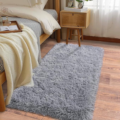 Ailyei Fluffy Shag Runner Rugs for Bedroom Hallways, 2x8 Grey Long Soft Throw Area Rug Non Slip for Bedside Dorm, Shaggy Furry Carpet for Nursery Living Room Home Decor — 2' x 4' (2 pcs)