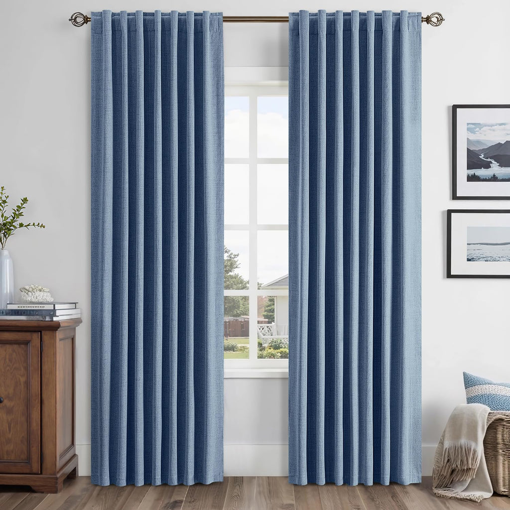 MIULEE 100% Blackout Linen Curtains for Bedroom 42 x 63 Inch Blue 2 Panels