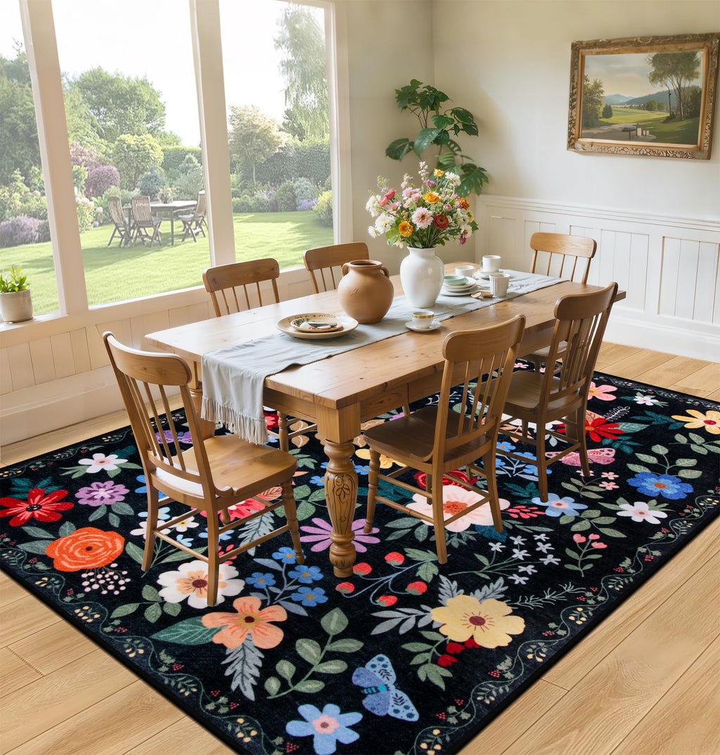 PLHXFR Area Rug Living Room: 4x6 Floral Washable Boho Soft Carpet Black