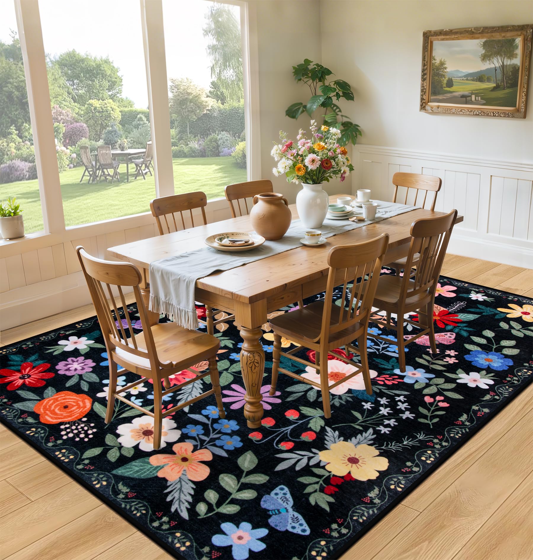 PLHXFR Area Rug Living Room: 4x6 Floral Washable Boho Soft Carpet Black