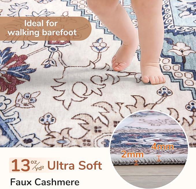 OPPODREAM Soft Throw Rugs 2x3, Small Washable Entryway Rugs 2 x 3 with Non Slip Backing, Low-Pile Faux Cashmere 2 x 3 Carpet, Navy Blue & Red & Cream