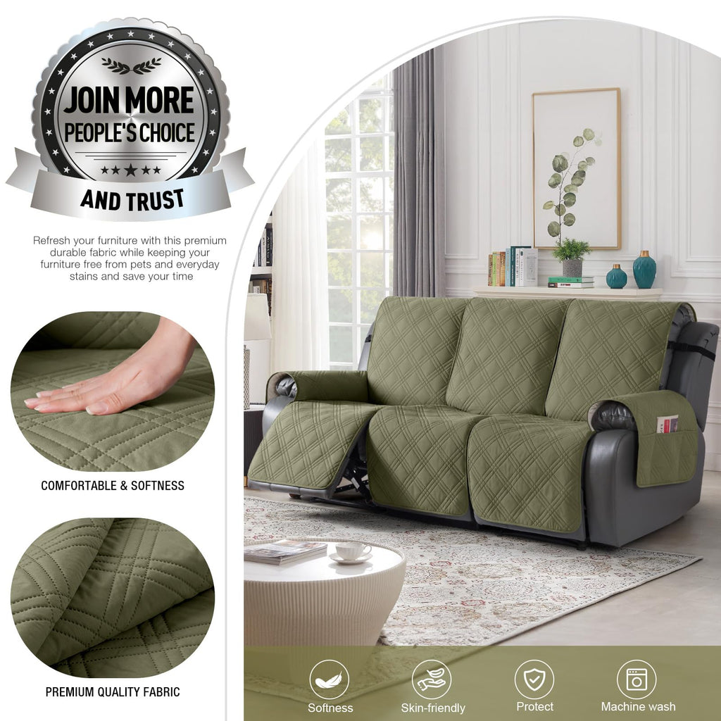TAOCOCO 100% Waterproof Recliner Sofa Cover, Non Slip Split Couch Covers for Reclining Couches with Straps, Washable Reclining Sofa Cover Furniture Protector for Kids Pets(3 Seater, Green)