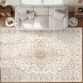 Area Rugs 9x12 Vintage Rug: Large Washable Living Room Rug Retro Medallion Distressed Soft Low Pile Non-Slip Indoor Floor Carpet for Bedroom Dining Table Office (BeigeBrown,9'x12')