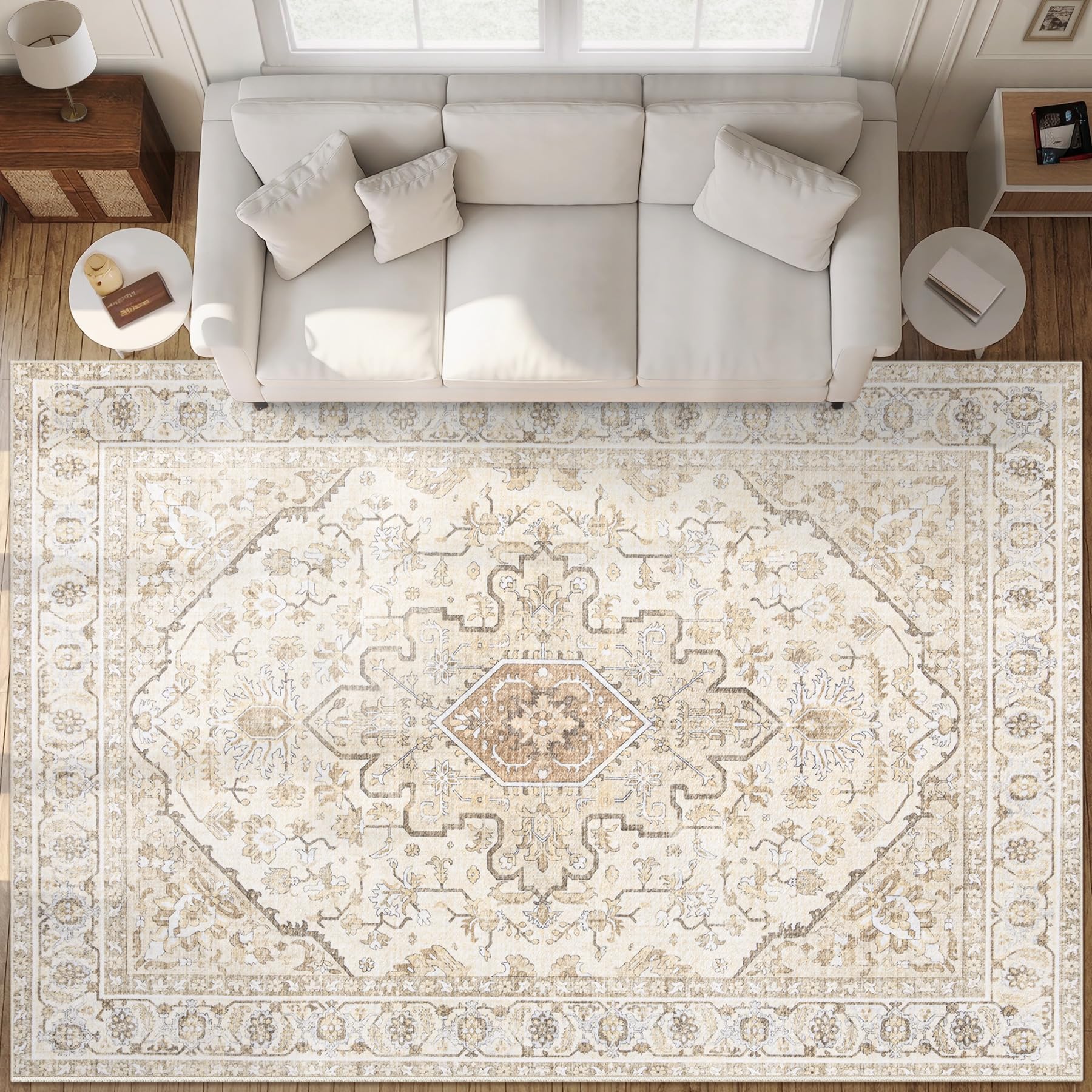 Area Rugs 9x12 Vintage Rug: Large Washable Living Room Rug Retro Medallion Distressed Soft Low Pile Non-Slip Indoor Floor Carpet for Bedroom Dining Table Office (BeigeBrown,9'x12')